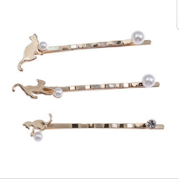 Trendy Jewels Accessories - Kitty Cat Pearl Gold Hair Clips